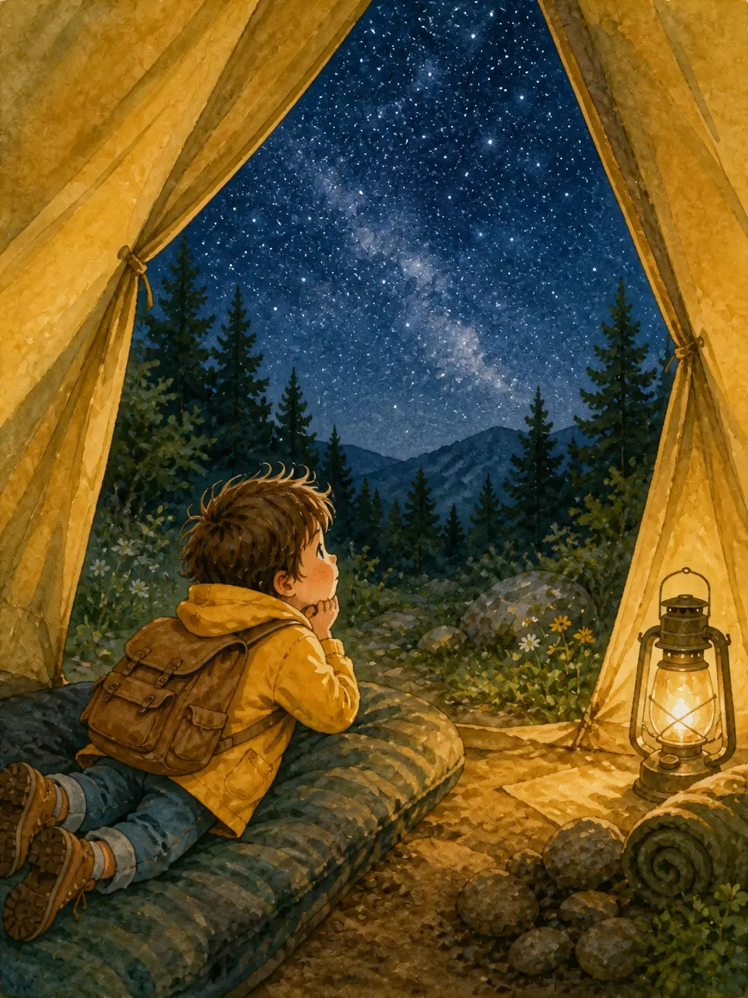 Illustrated story scene of the explorer watching a starry sky from a tent