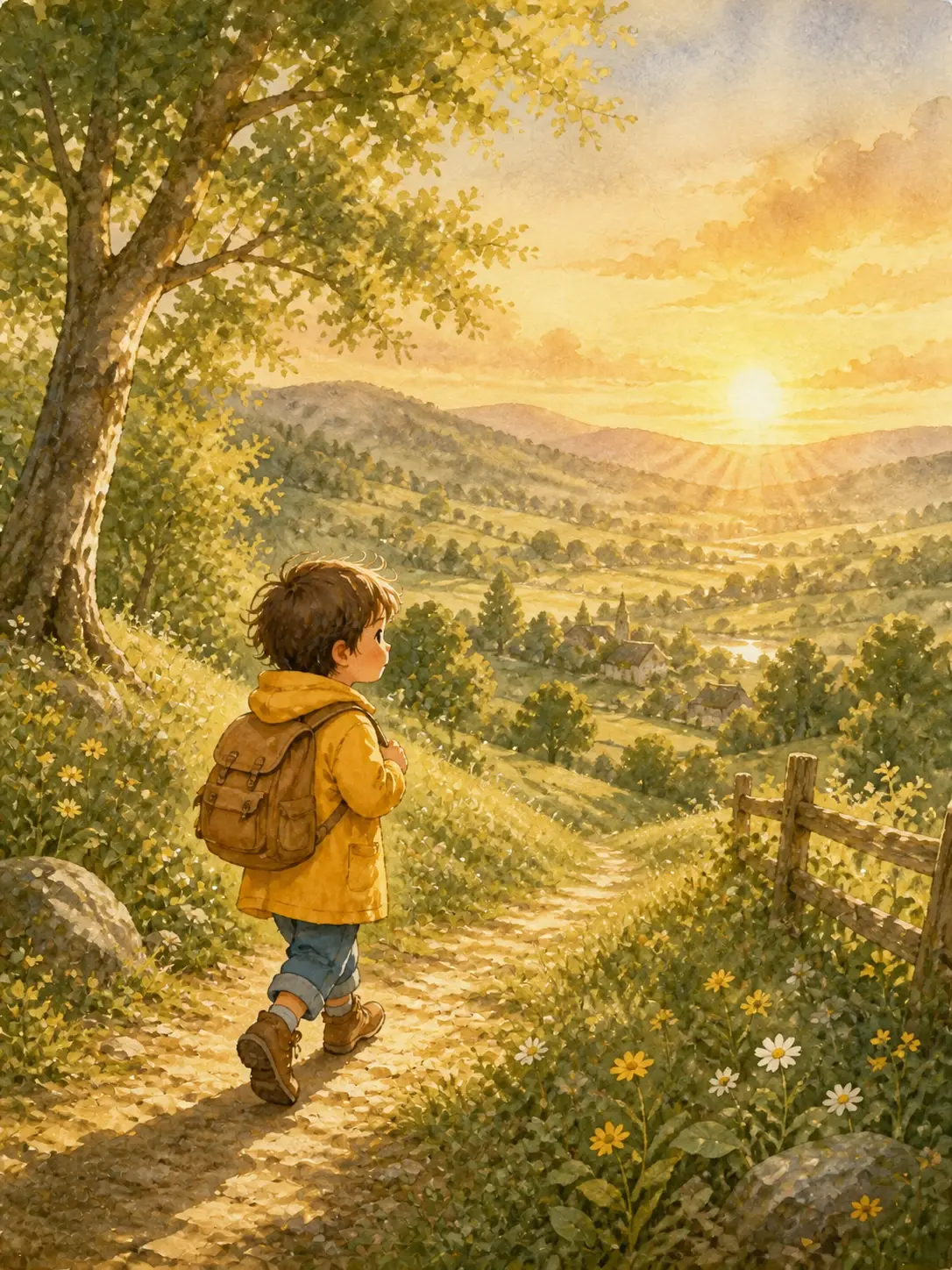 Illustrated story scene of the explorer heading home at sunrise