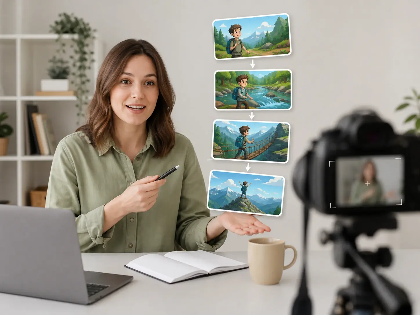 Teacher turning a lesson concept into a narrated story video with a scene for each beat