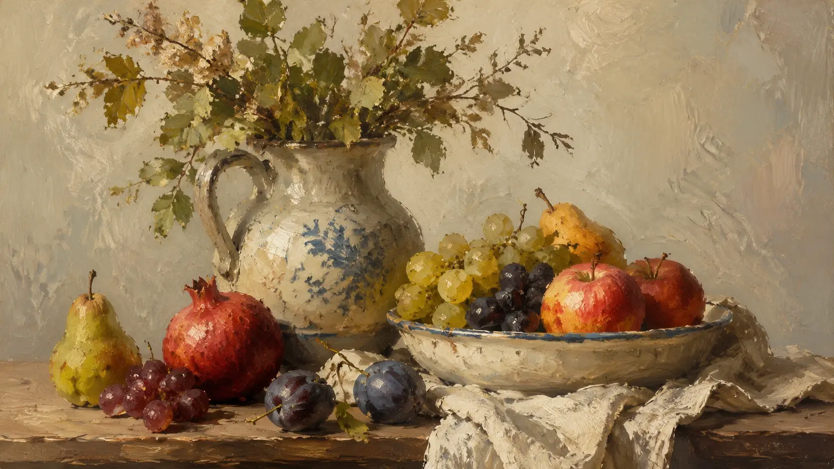 Still life rendered in oil painting style with visible brushstrokes