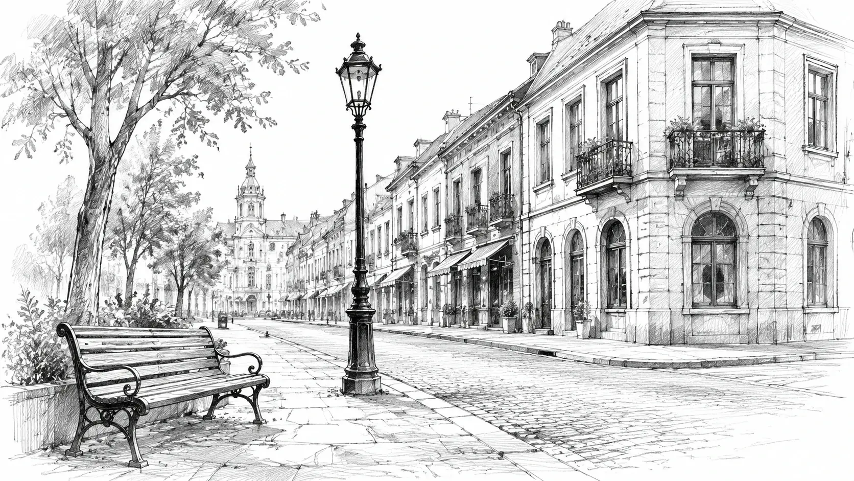 City street scene rendered as a detailed pencil sketch