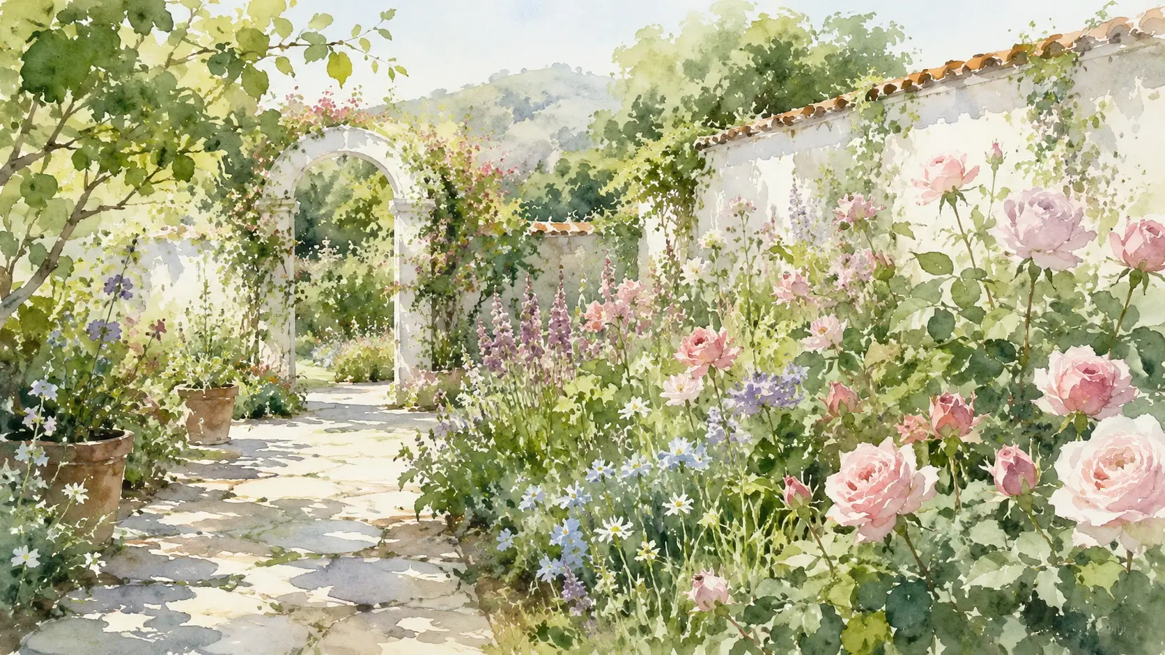 Garden scene rendered in watercolor style with soft brushstrokes