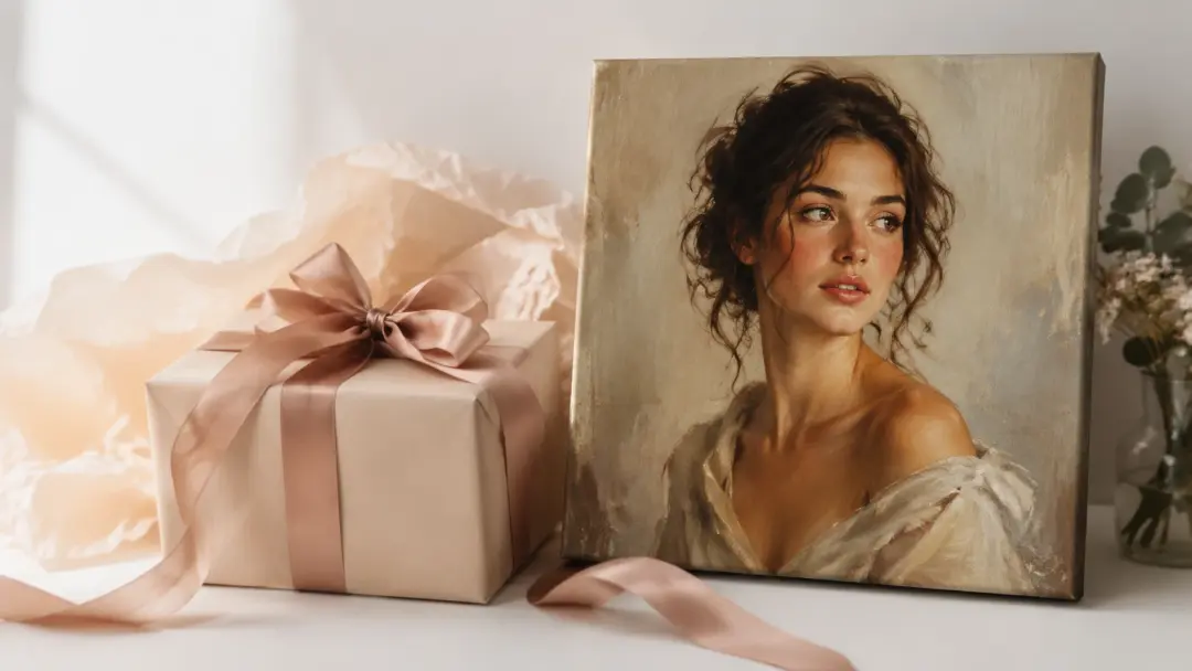 Gift box with portrait printed on canvas in oil painting style