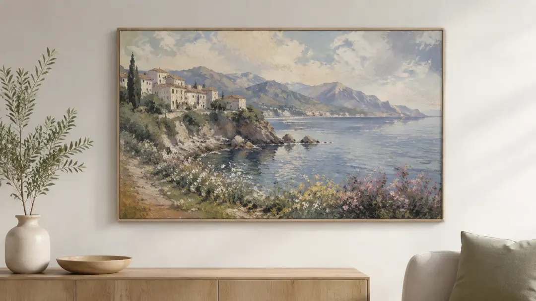 Framed canvas print of landscape in impressionist style