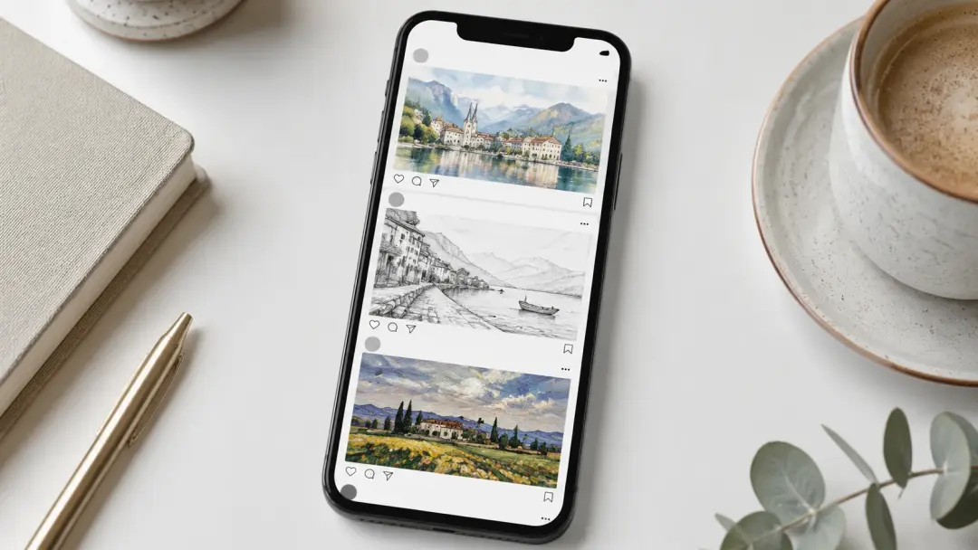Phone showing Instagram feed with artistic style transfers