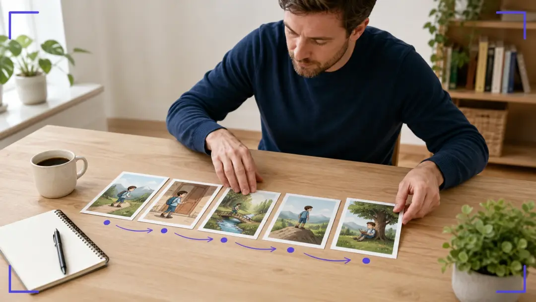 Erklärvideo Autor ordnet gedruckte Szenenbilder nach dem KI Bild erstellen für eine Lektion