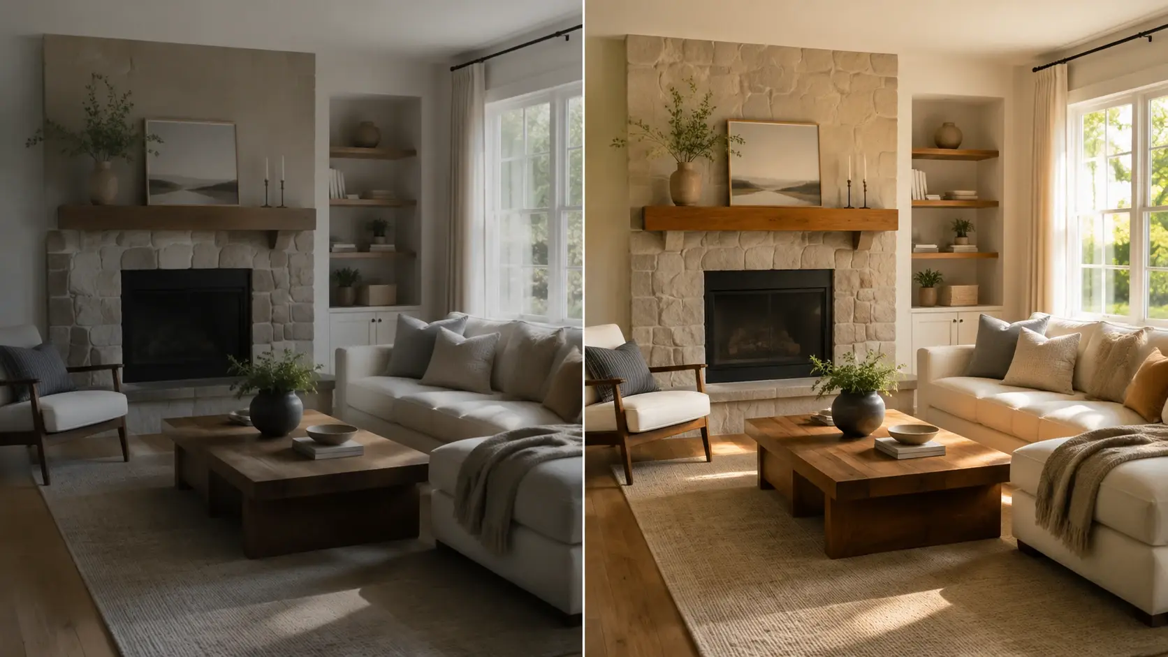 Living room photo before and after AI enhancement comparison