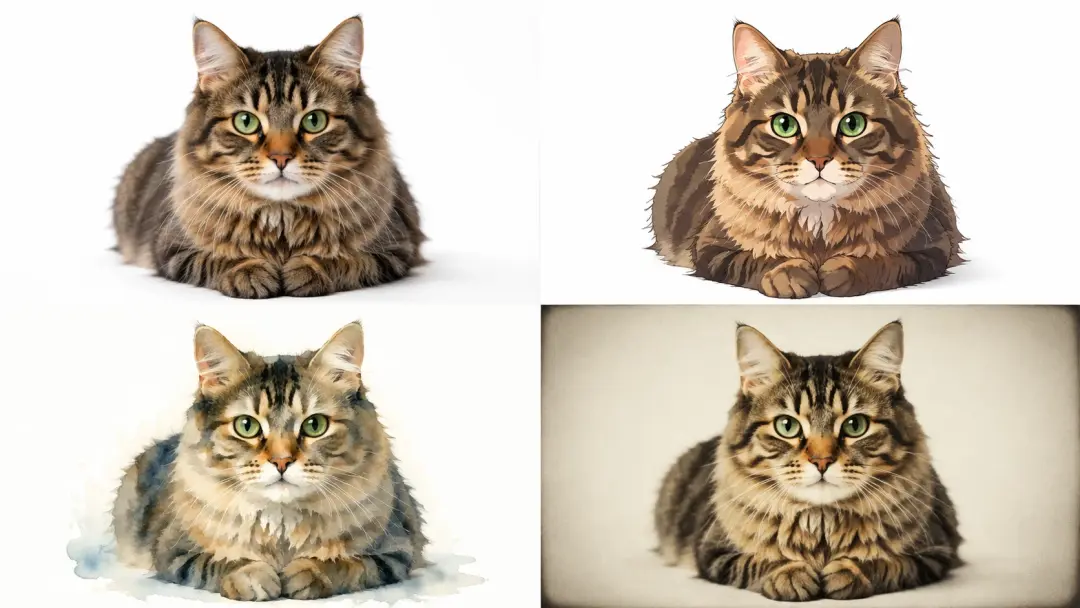 Same cat portrait in photorealistic, anime, watercolor, and vintage styles