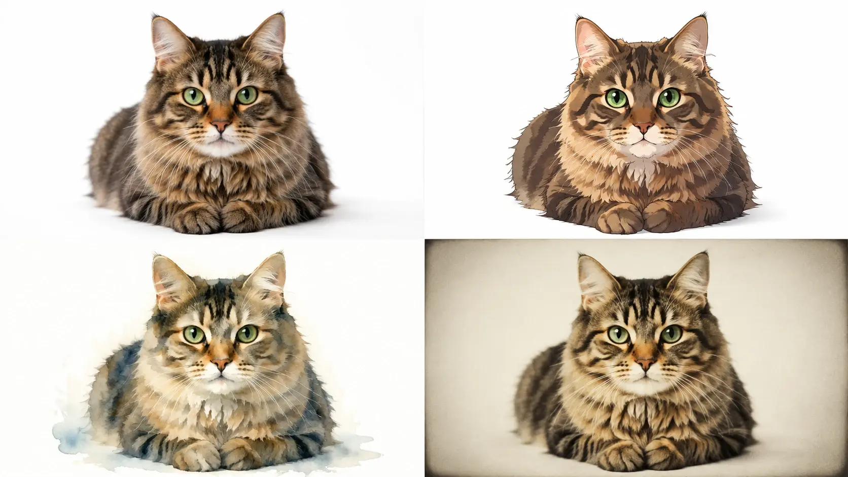 Same cat portrait in photorealistic, anime, watercolor, and vintage styles
