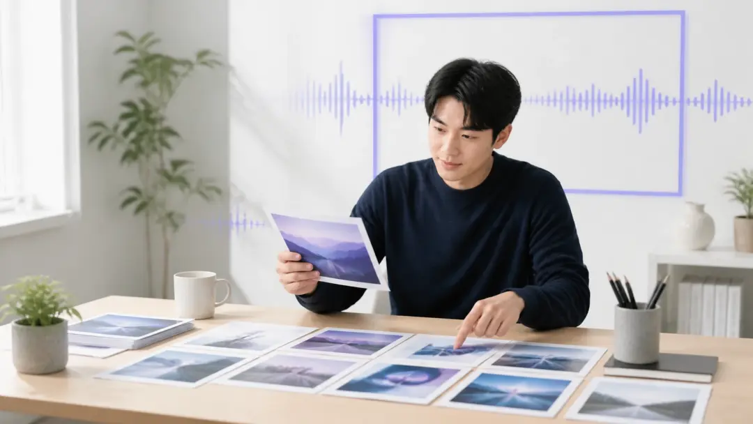 강의 제작자가 밝은 책상에서 AI 이미지 생성 보조 그림을 고르며 설명 영상 자료를 준비하는 장면