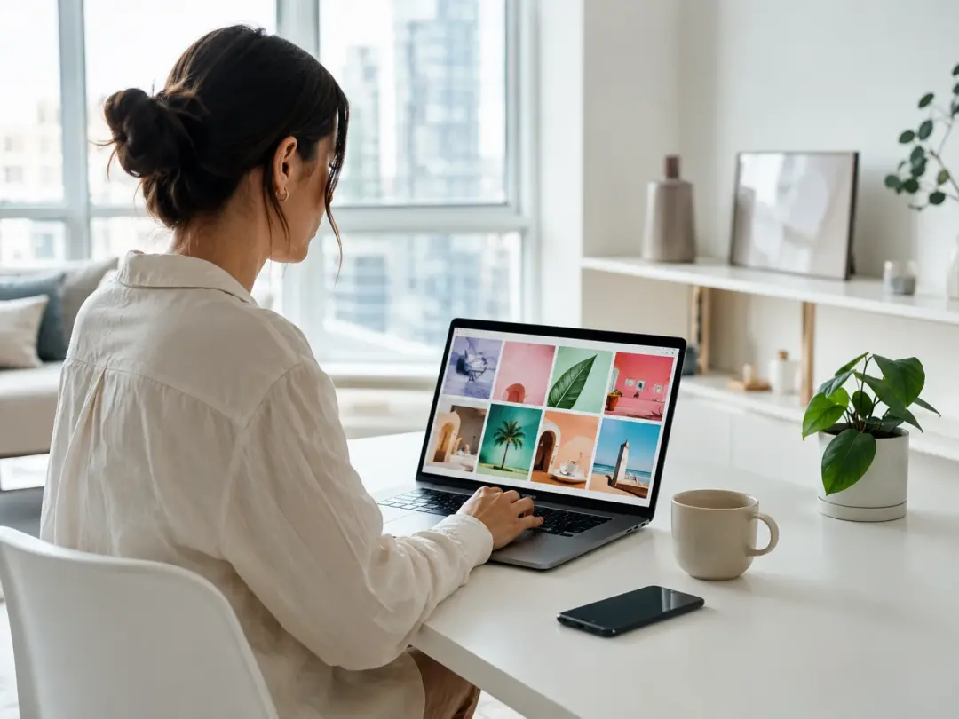Social media creator viewing AI-generated images on laptop