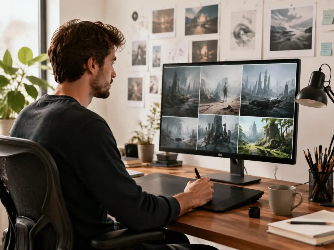 Freelance designer viewing AI-generated concept images on large screen