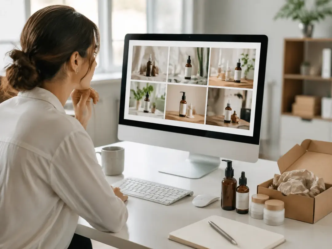 Ecommerce marketer reviewing AI-generated product photos on monitor