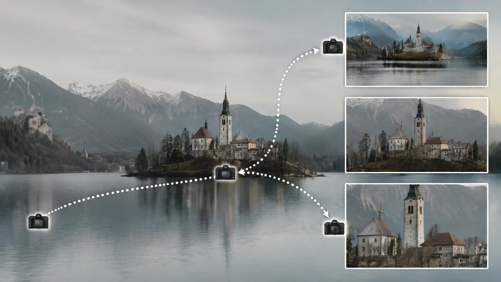 Landscape with dotted camera path showing pan and zoom trajectory