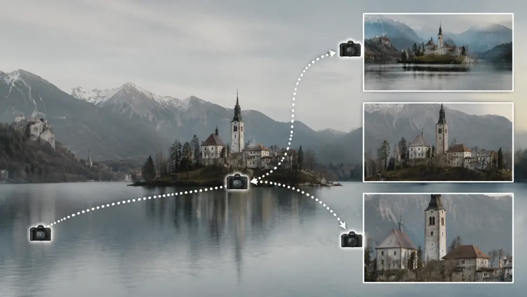 Landscape with dotted camera path showing pan and zoom trajectory