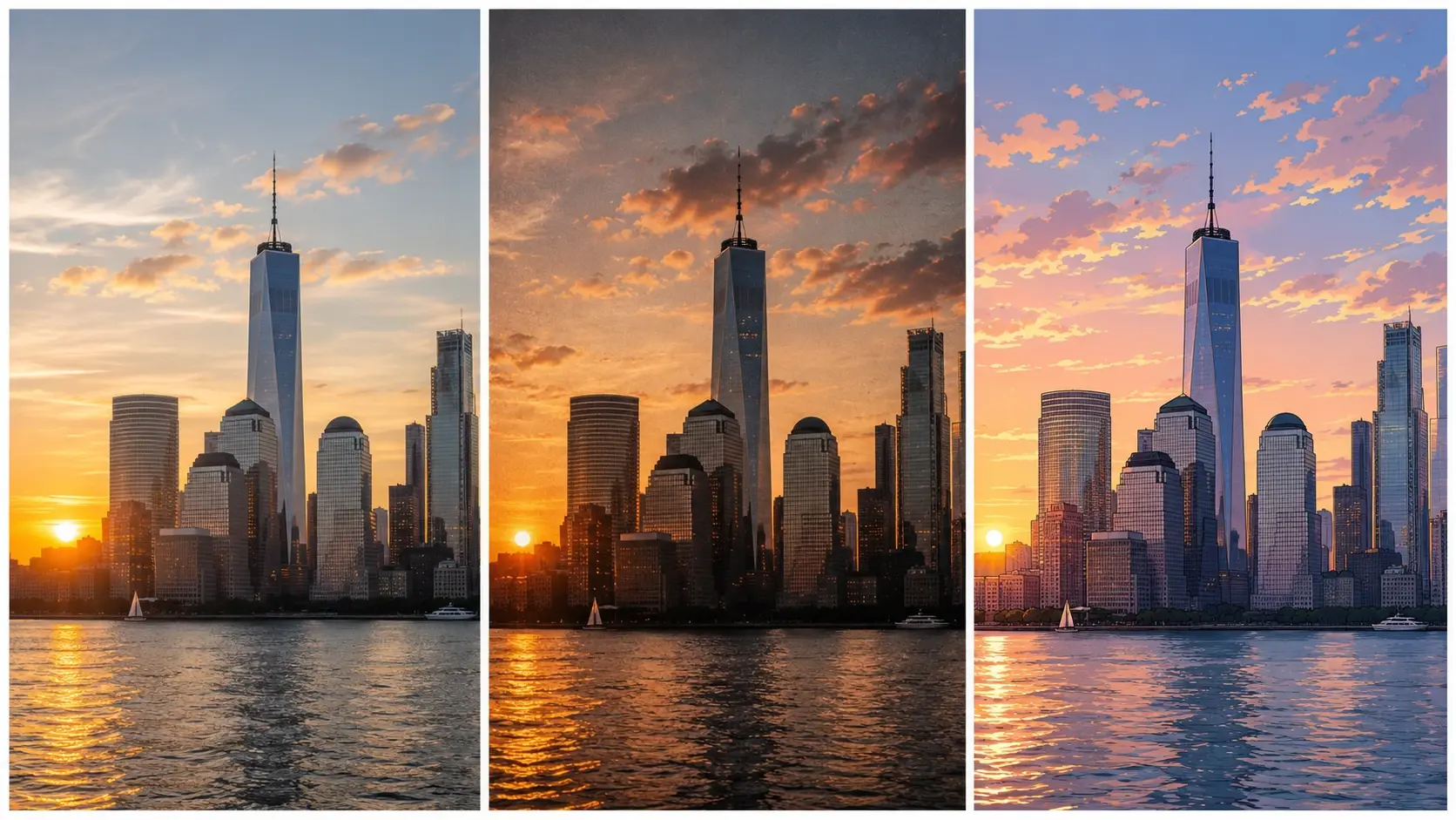 City skyline at sunset in realistic, cinematic, and anime video styles