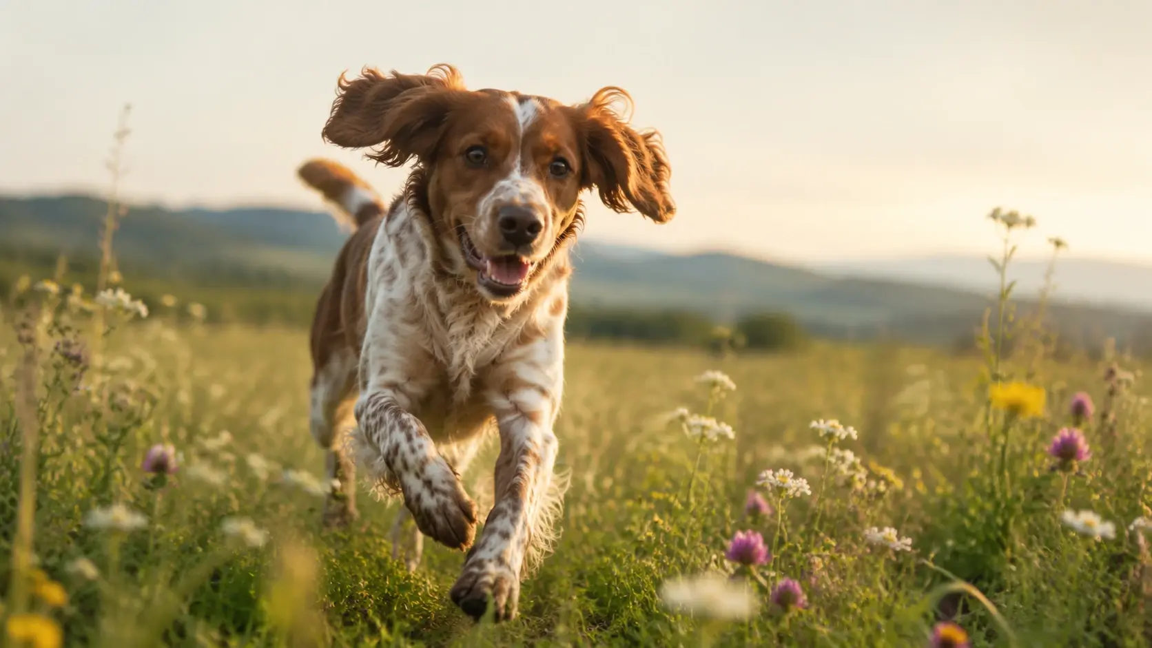 Dog running through sunny meadow in cinematic video frame