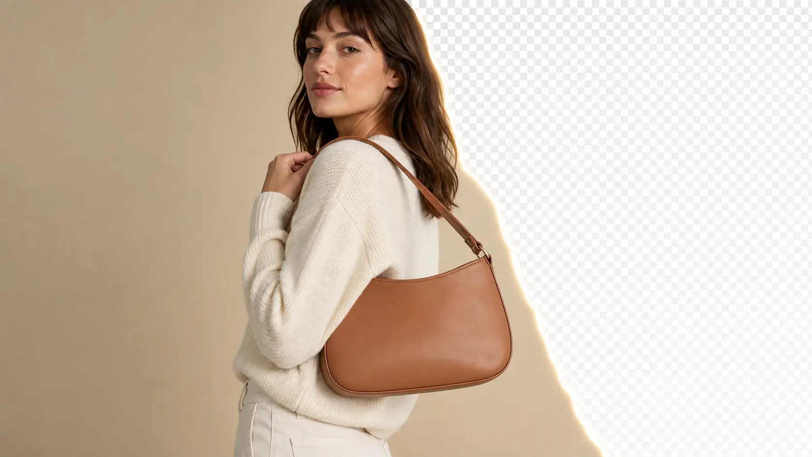 Close view of a model and a bag strap cleanly separated from the original photo backdrop