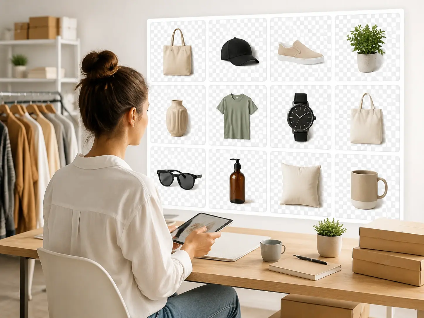 Store owner reviewing a grid of cutout product photos ready for a marketplace listing page