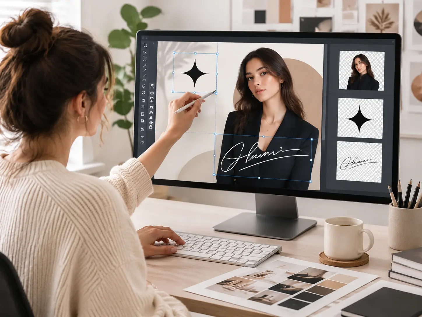 Designer arranging a cutout headshot, logo, and signature across a magazine style page layout