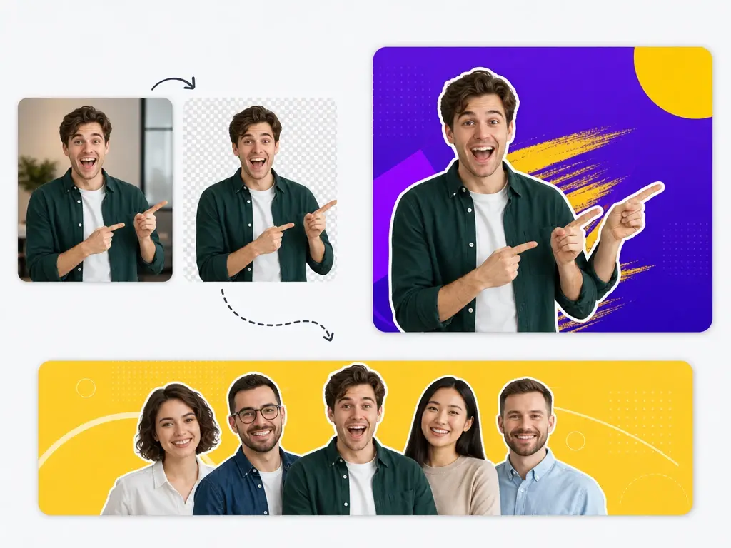 Creator placing a cutout portrait over a bold colored thumbnail with large title text