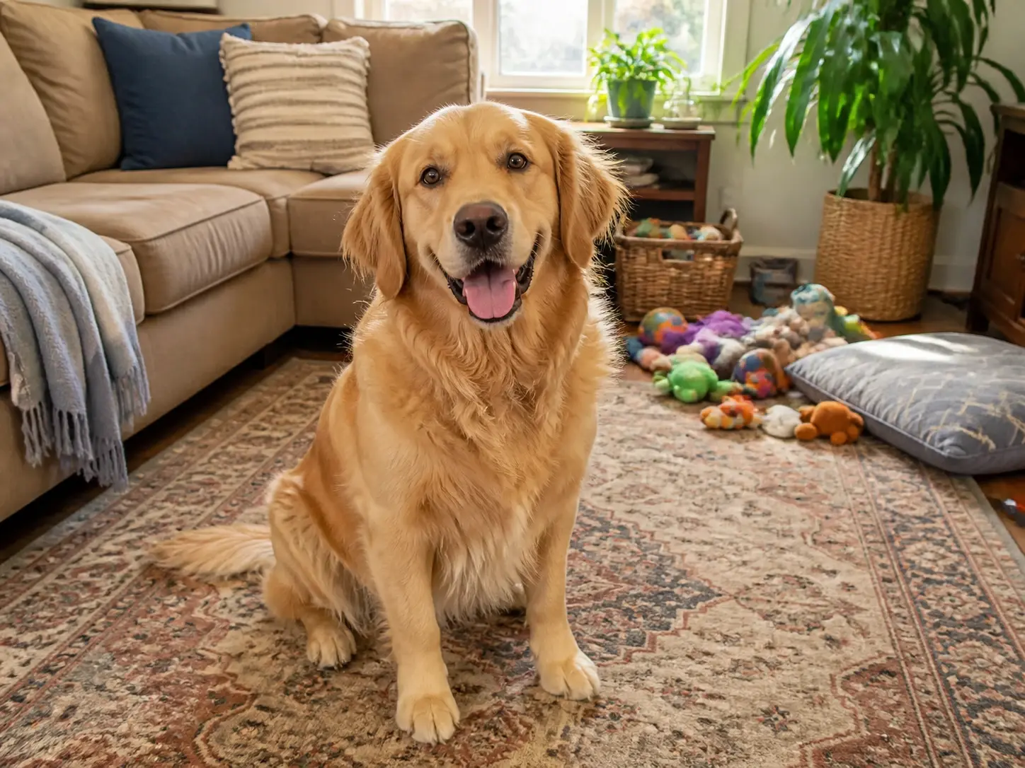 A colour photo of a family dog sitting on a rug in a cluttered living room