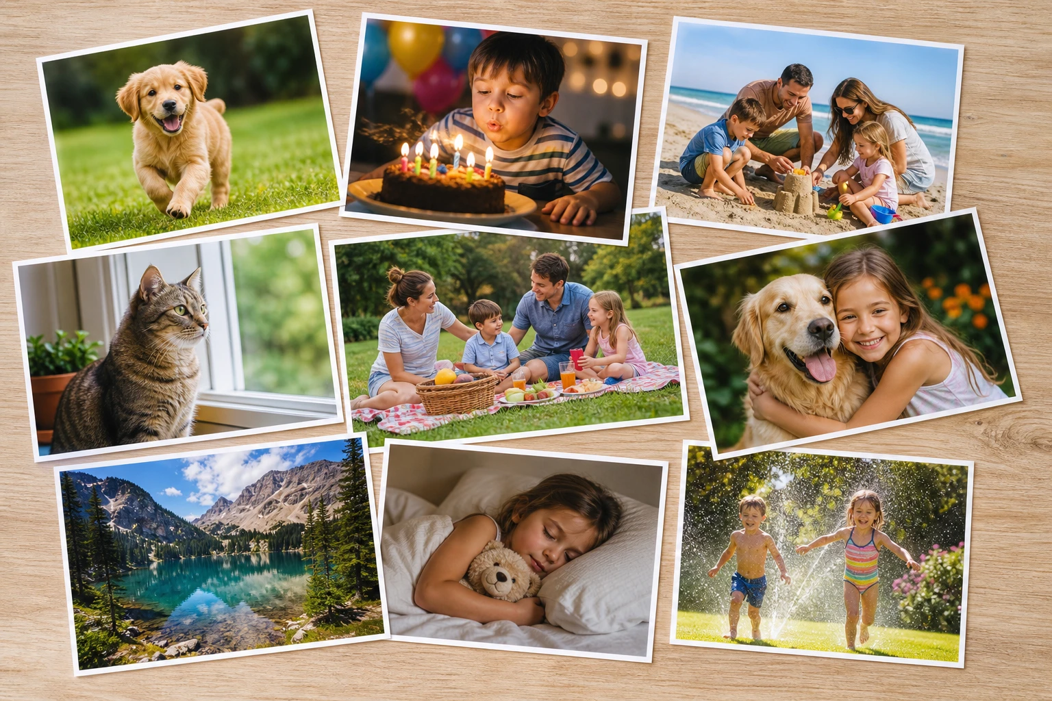 A spread of colour family and pet snapshots laid out ready to become coloring sheets