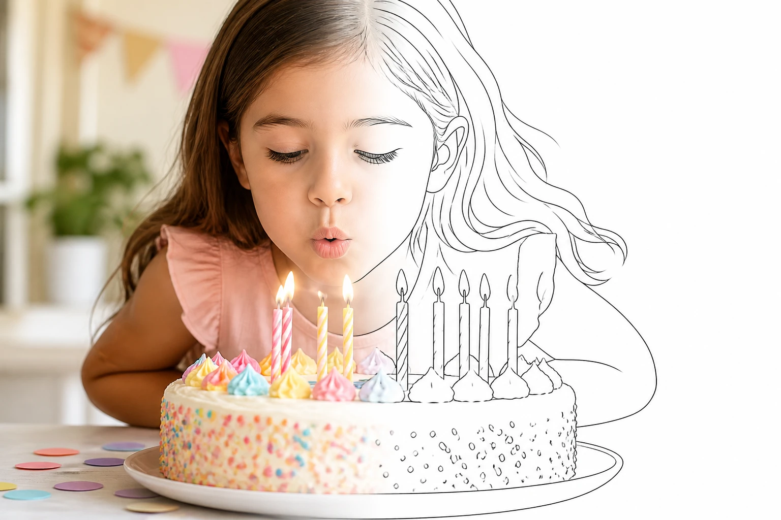 One child's photo half turned to outline, colour on one side and clean black lines on the other