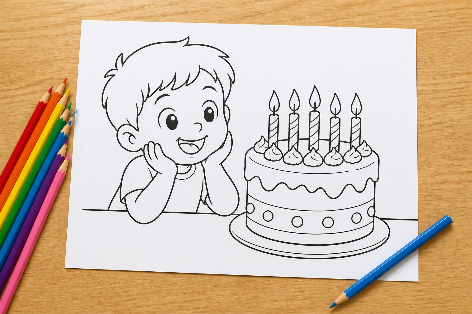 A finished black and white coloring sheet lying on white paper beside a scatter of crayons