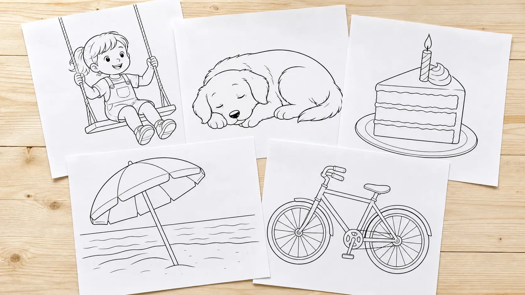 A loose stack of printed line art sheets, each one a different family scene ready to colour
