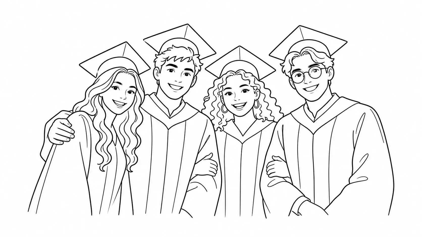 A graduation group portrait drawn as clean black outlines with each face still recognisable