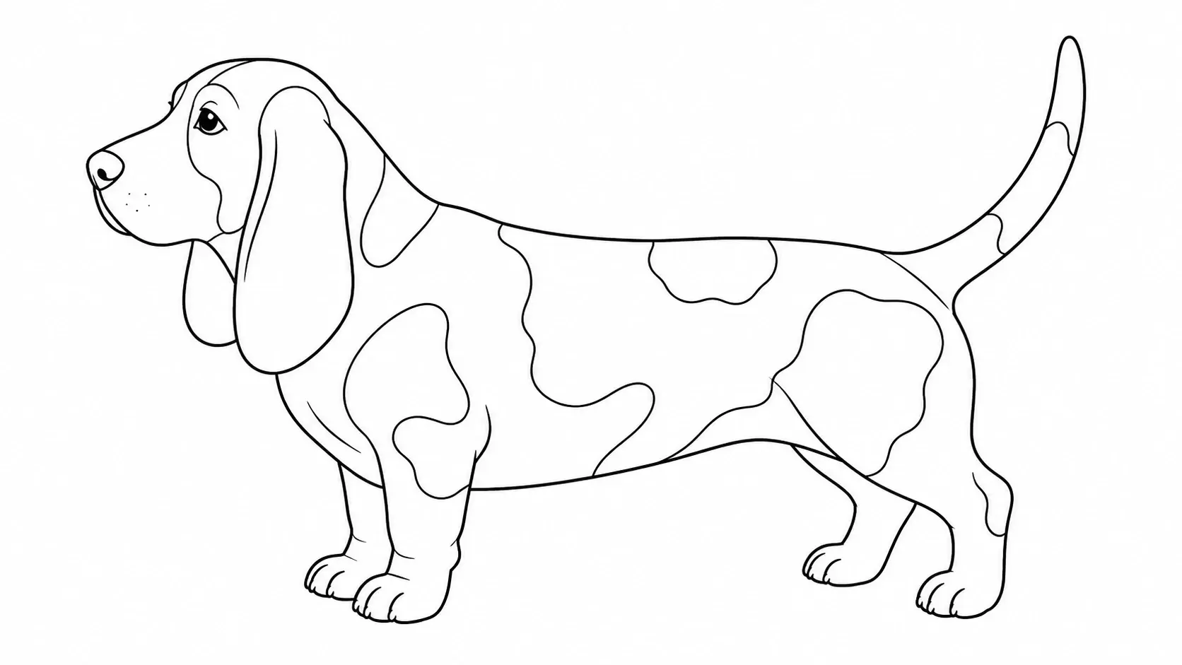 A dog outline sheet where the ear shape and coat patches stay clear without any shading