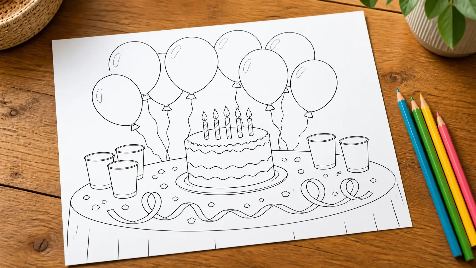 A party scene with balloons and a cake drawn as an open coloring sheet on a wooden table