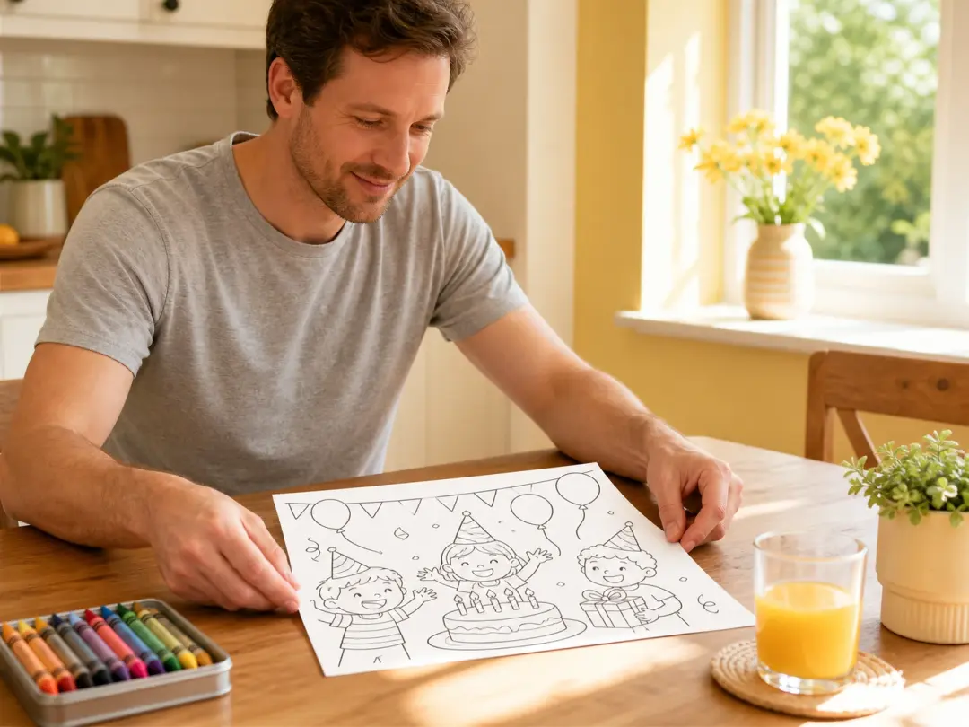 A parent laying a freshly printed line art sheet of a birthday photo on the kitchen table