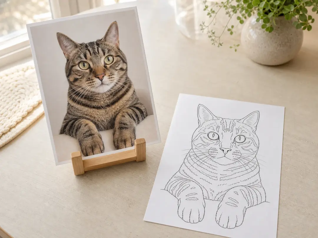 A cat photo propped beside its finished black and white outline sheet on white paper
