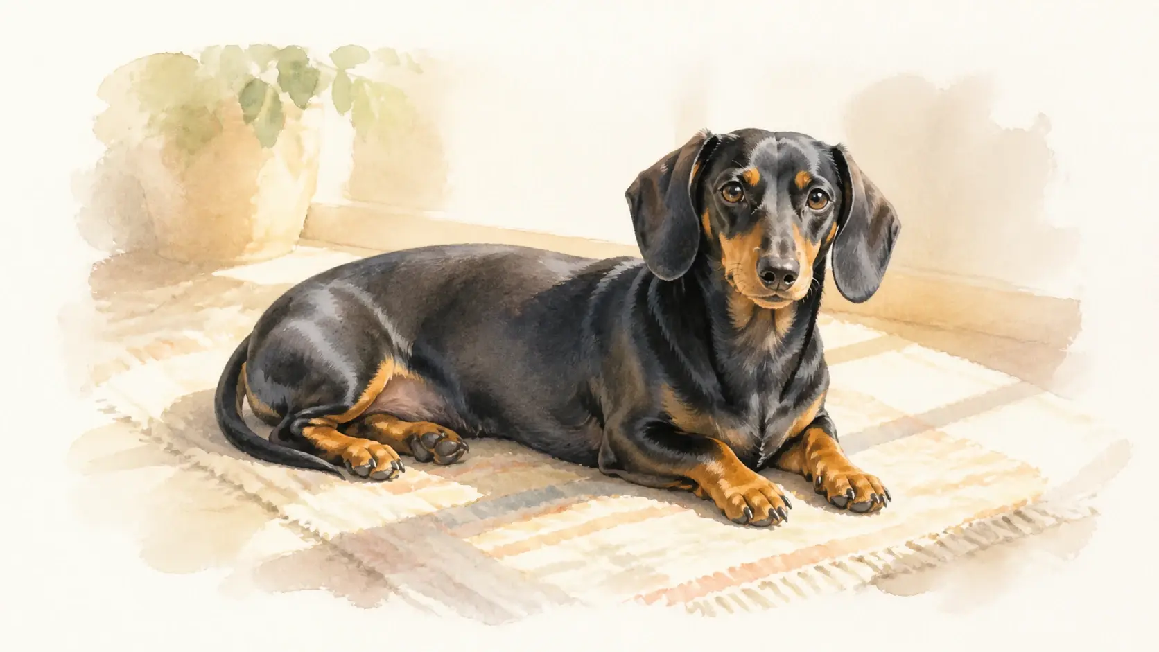A watercolor of a dachshund on a sunlit rug with its markings and long body still clearly recognizable