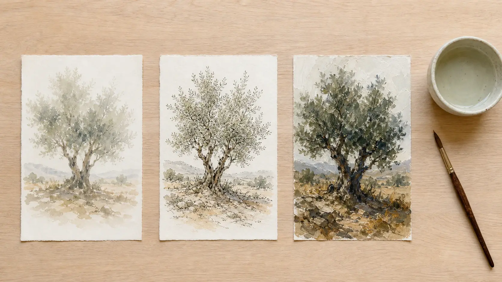 Three watercolor studies of the same olive tree as a light wash, a line and wash, and heavy brushwork