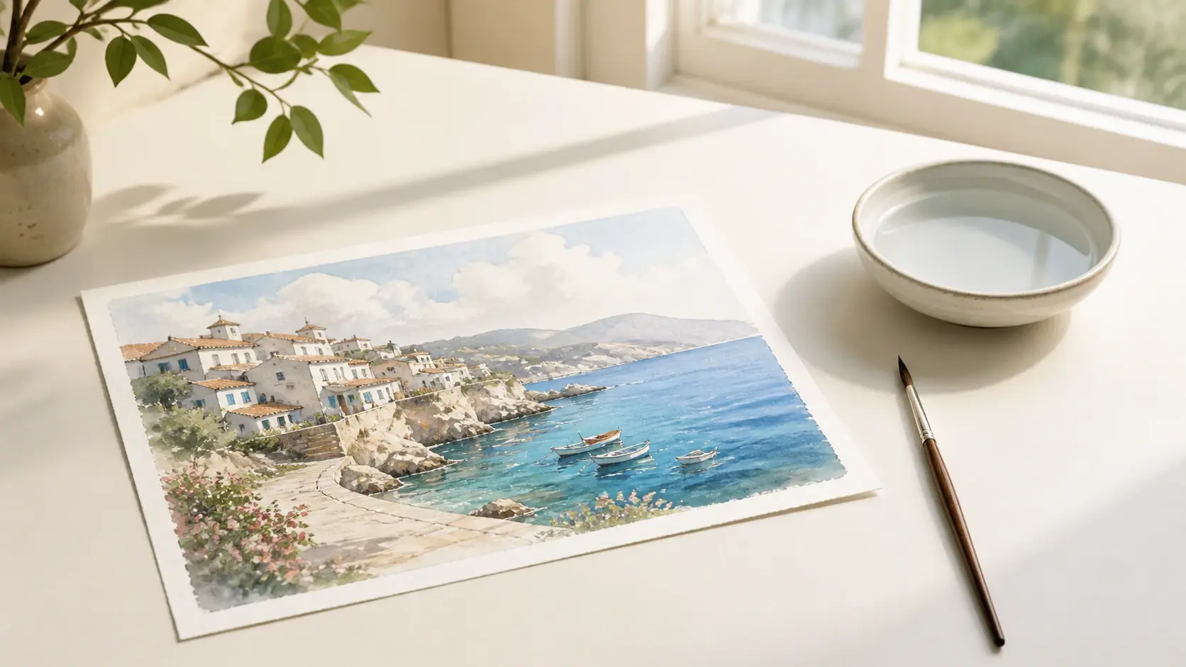 A finished watercolor of a seaside village drying beside one clean brush and a dish of clear water