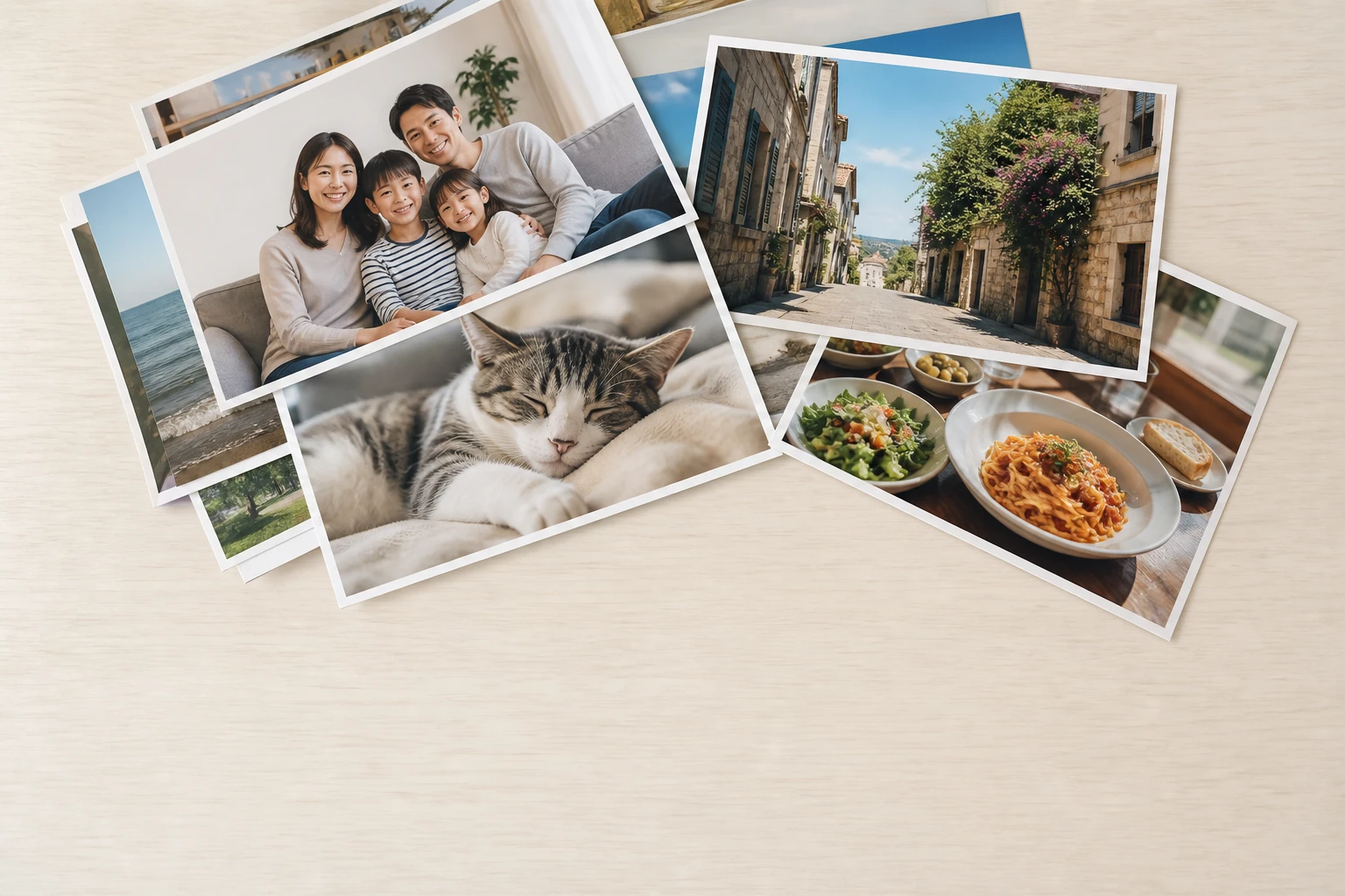 A pile of ordinary printed portrait, pet and travel photos fanned across a pale desk before any painting