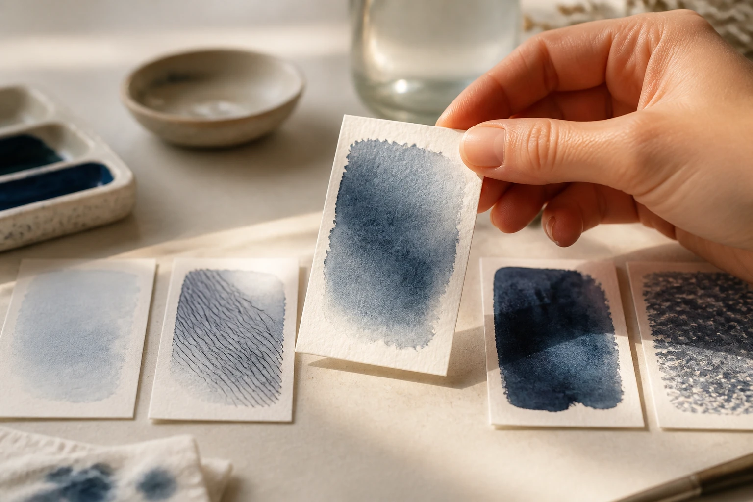 A hand lifting one painted watercolor swatch card from a row of different wash treatments
