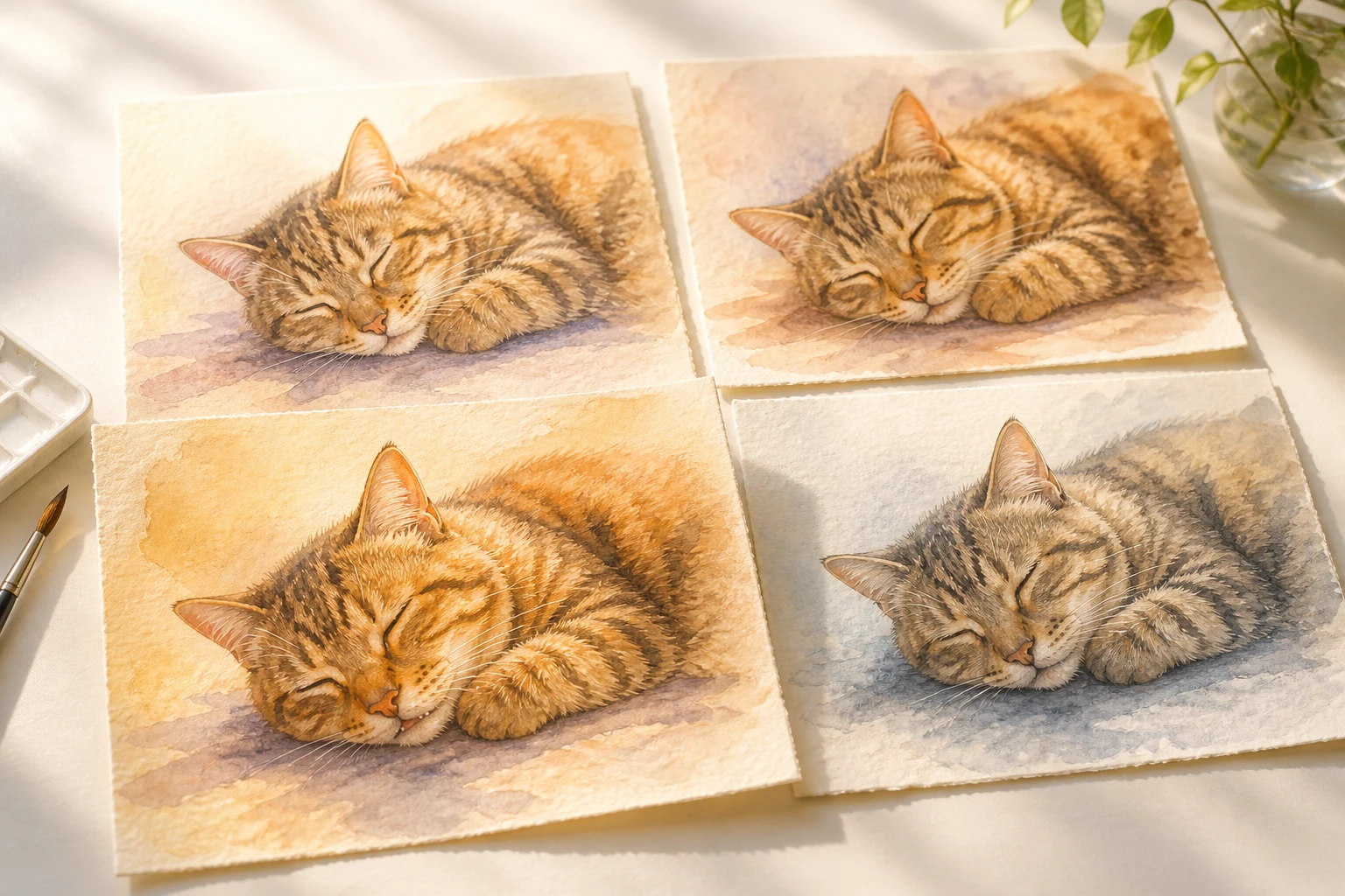 Four watercolor paintings of the same sleeping tabby laid out together with one pulled forward