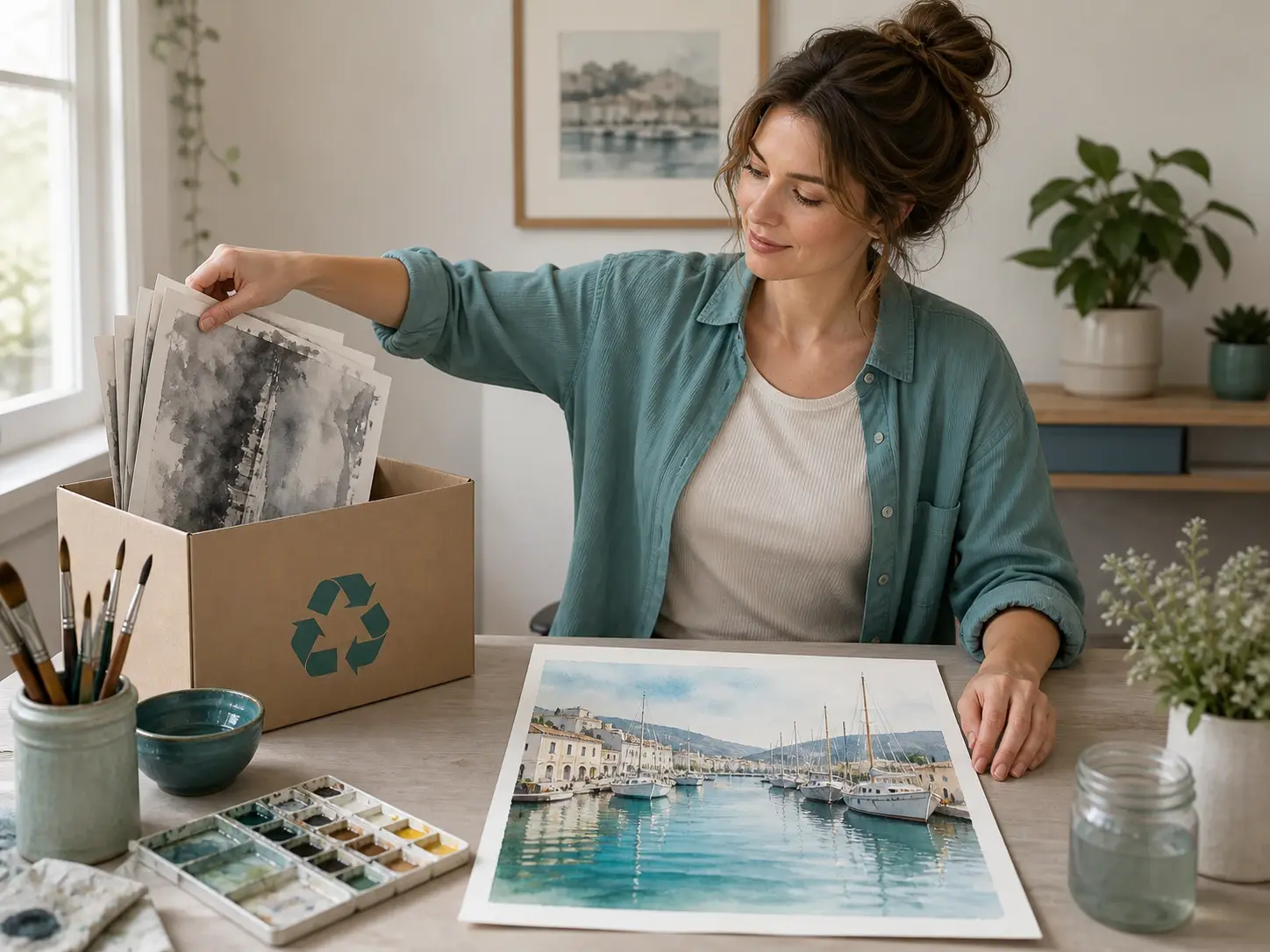 A woman sweeping muddy practice paintings into a box beside one clean bright harbour watercolor