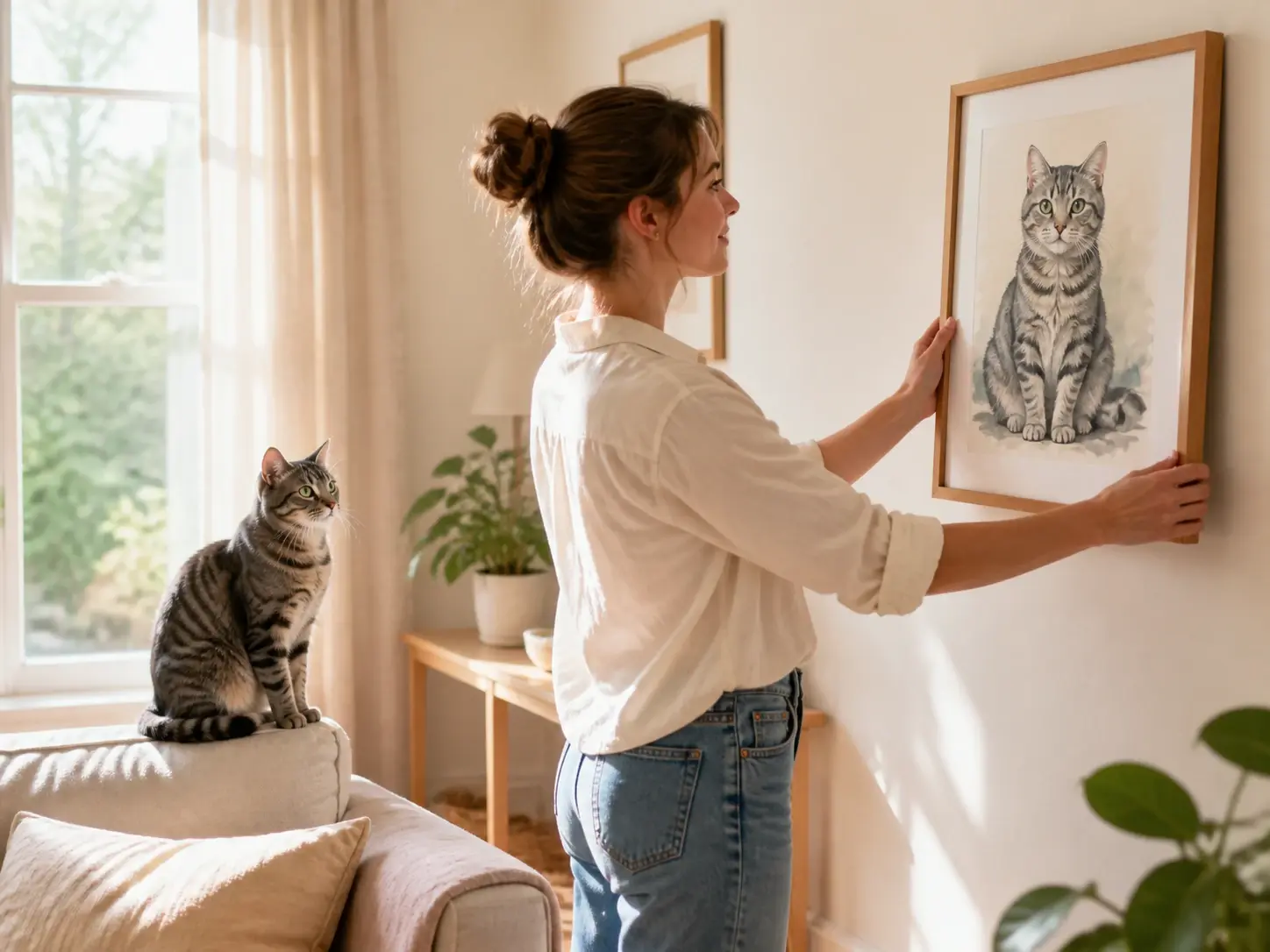 A woman holding a framed watercolor of her tabby against the wall while the real cat sits behind her