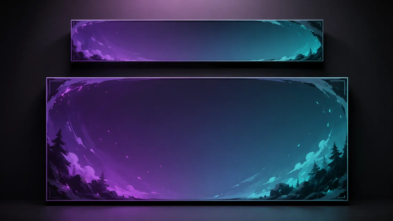 Export panel showing a 1200x480 Twitch banner beside a 1920x1080 offline screen ready to upload
