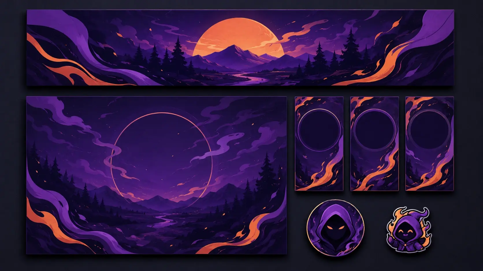 A matching Twitch set with banner, offline screen, info panel, emote and channel avatar in one style