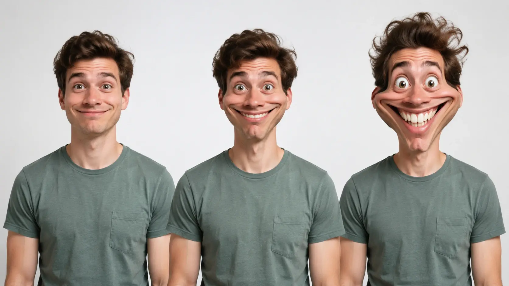 Three versions of one portrait showing a mild, medium and extreme comedic face warp