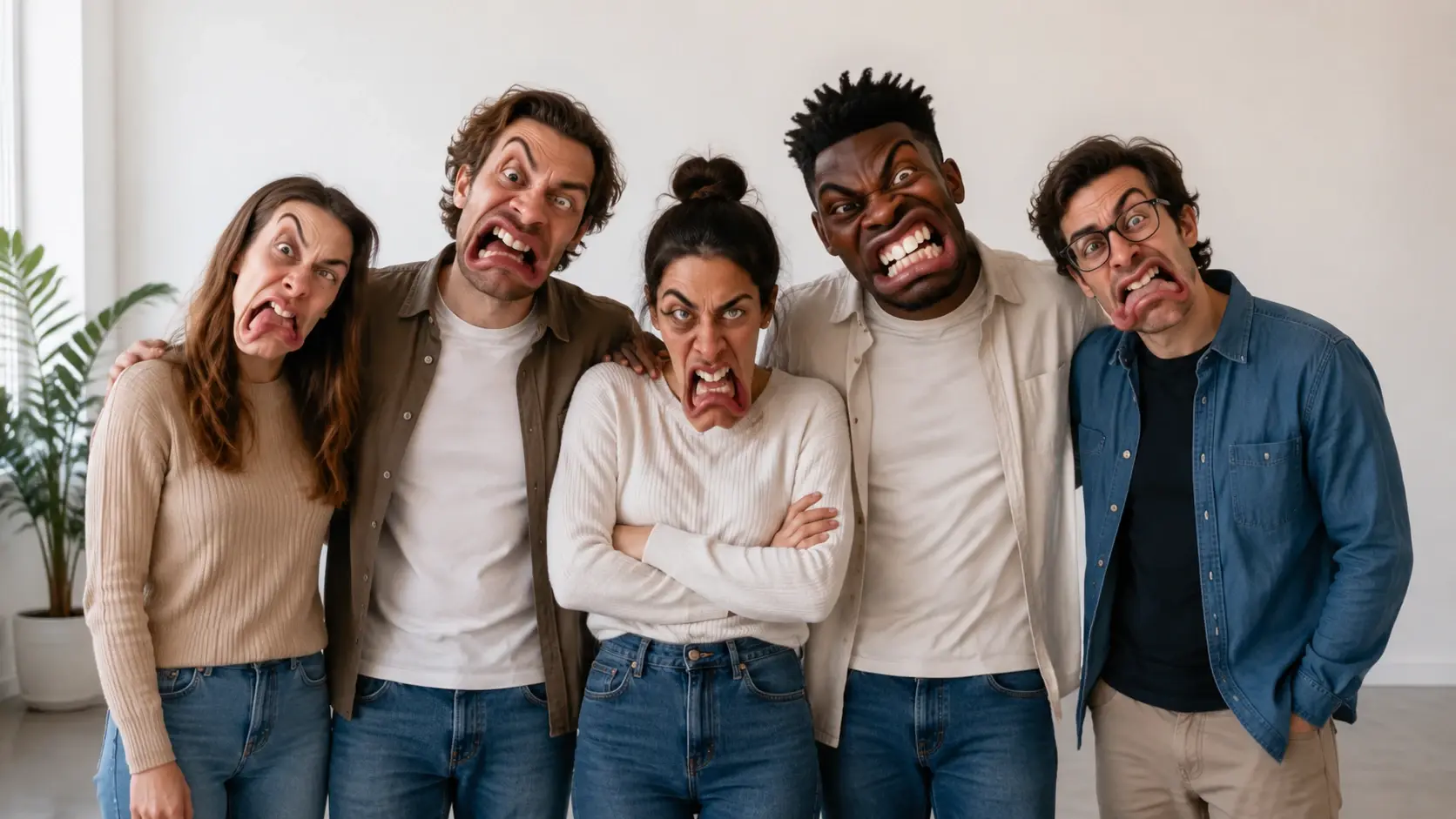 Group photo where every person in the frame carries an exaggerated warped expression