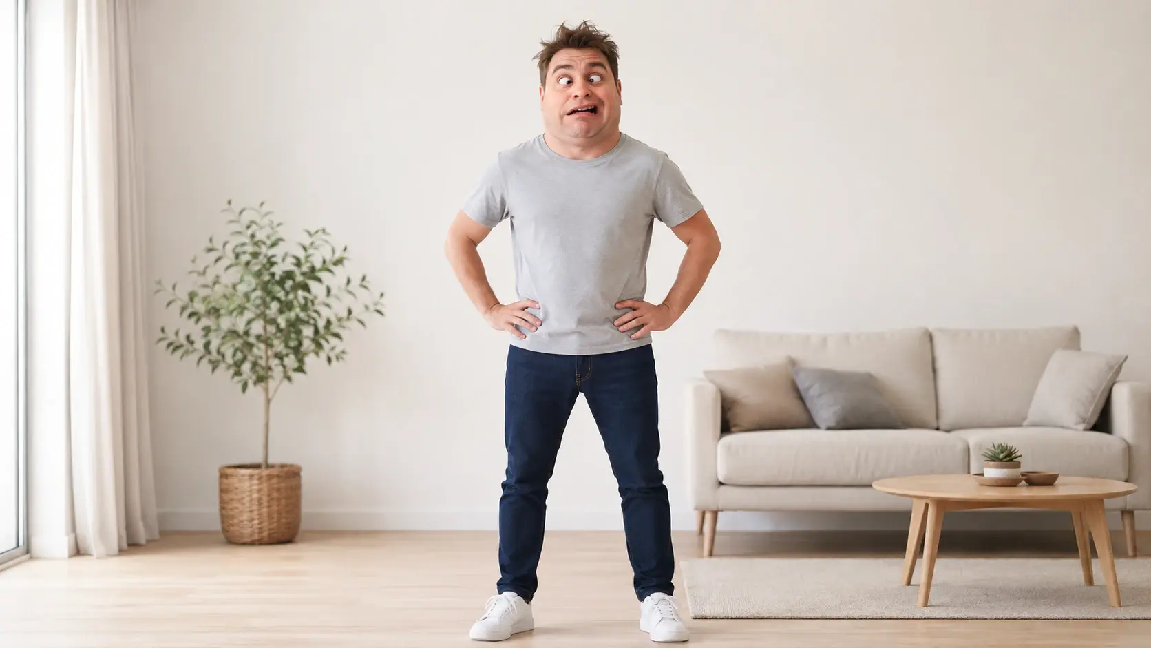 Warped comedic face placed onto a different body with matching lighting and angle