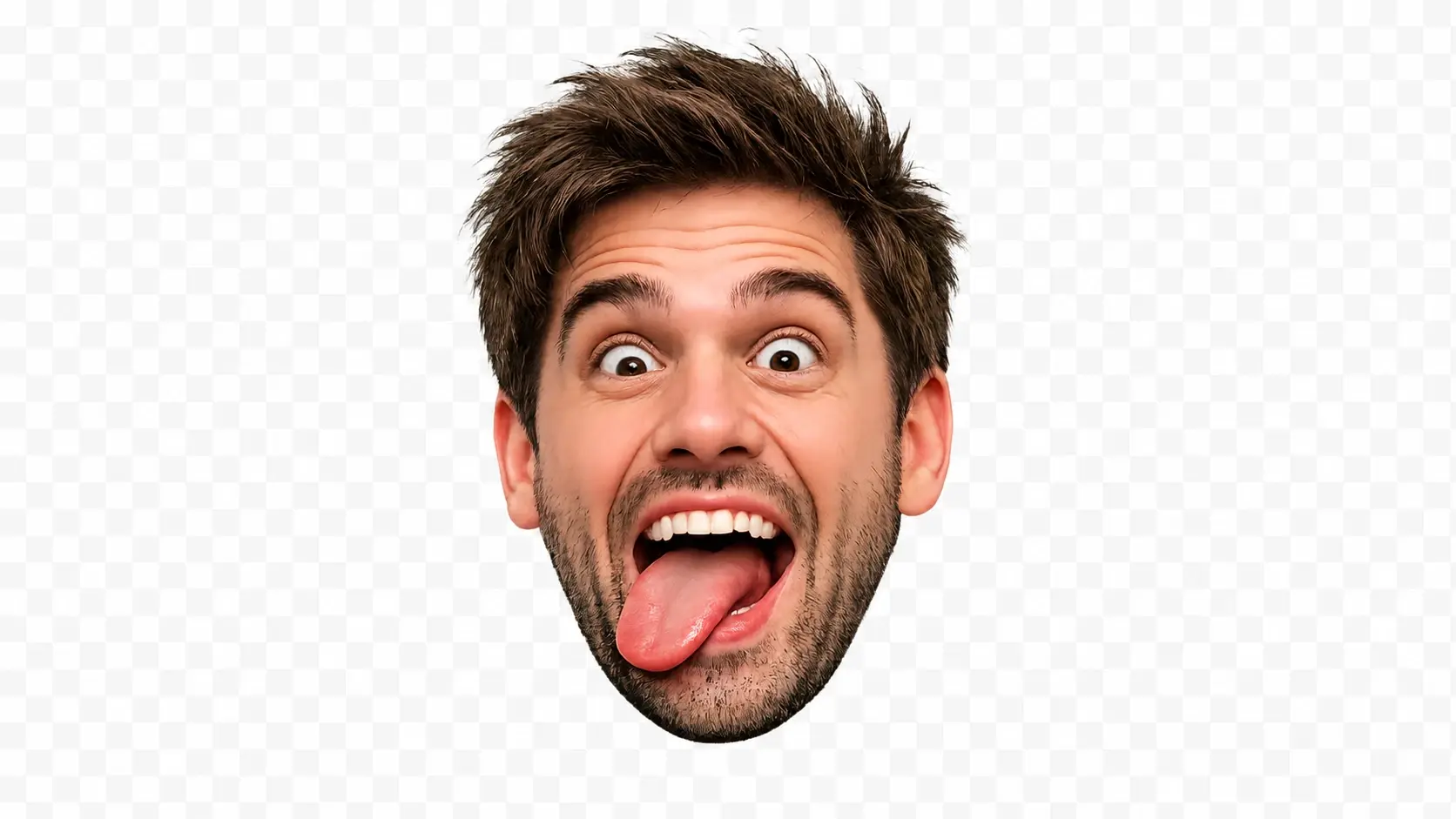 Cut out funny face sticker on a checkered transparency grid with clean edges around the hair