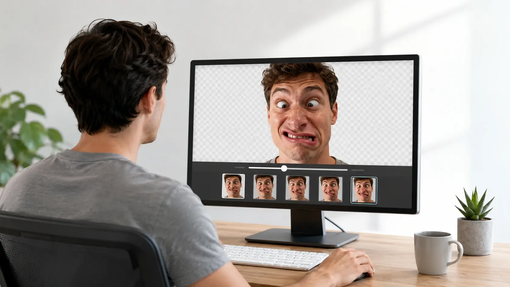 Creator adjusting an exaggerated warped funny face output on a bright monitor